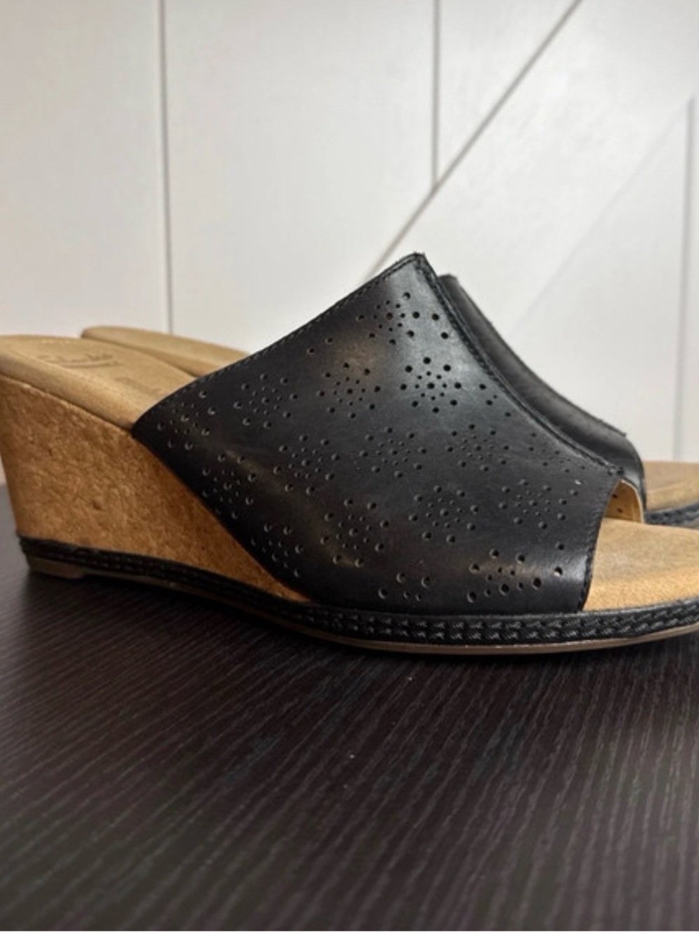 Clarks Black Perforated Leather Wedge Slide Sandals